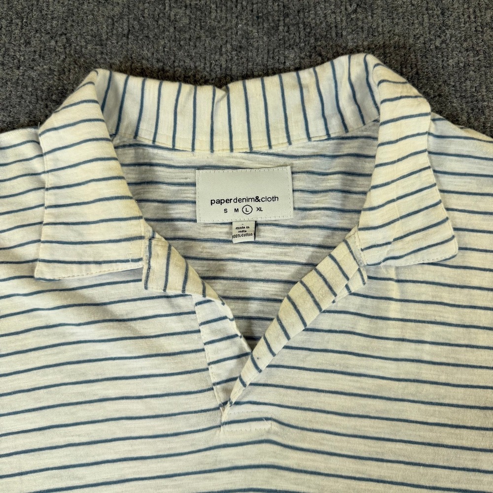 Paper denim & cloth Mens Blue White Striped Short Sleeve Polo Shirt Size L #4042